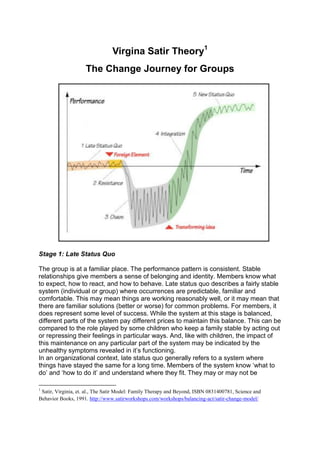 Virgina Satir Theory1
The Change Journey for Groups
Stage 1: Late Status Quo
The group is at a familiar place. The performance pattern is consistent. Stable
relationships give members a sense of belonging and identity. Members know what
to expect, how to react, and how to behave. Late status quo describes a fairly stable
system (individual or group) where occurrences are predictable, familiar and
comfortable. This may mean things are working reasonably well, or it may mean that
there are familiar solutions (better or worse) for common problems. For members, it
does represent some level of success. While the system at this stage is balanced,
different parts of the system pay different prices to maintain this balance. This can be
compared to the role played by some children who keep a family stable by acting out
or repressing their feelings in particular ways. And, like with children, the impact of
this maintenance on any particular part of the system may be indicated by the
unhealthy symptoms revealed in it’s functioning.
In an organizational context, late status quo generally refers to a system where
things have stayed the same for a long time. Members of the system know ‘what to
do’ and ‘how to do it’ and understand where they fit. They may or may not be
1
Satir, Virginia, et. al., The Satir Model: Family Therapy and Beyond, ISBN 0831400781, Science and
Behavior Books, 1991. http://www.satirworkshops.com/workshops/balancing-act/satir-change-model/
 