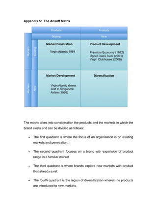 Appendix 5: The Ansoff Matrix
The matrix takes into consideration the products and the markets in which the
brand exists and can be divided as follows:
 The first quadrant is where the focus of an organisation is on existing
markets and penetration.
 The second quadrant focuses on a brand with expansion of product
range in a familiar market
 The third quadrant is where brands explore new markets with product
that already exist.
 The fourth quadrant is the region of diversification wherein ne products
are introduced to new markets.
 