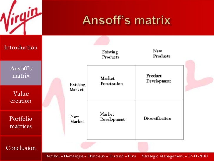 boston matrix for virgin group This is due to the virgin group partaking in what's known as 'unrelated diversification' - the fifth strategy in ansoff's matrix unrelated. boston matrix for virgin group This is due to the virgin group partaking in what's known as 'unrelated diversification' - the fifth strategy in ansoff's matrix unrelated.