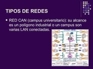 TIPOS DE REDES RED CAN (campus universitario): su alcance es un polígono industrial o un campus son varias LAN conectadas. 