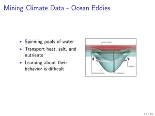 Mining Climate Data - Ocean Eddies

Spinning pools of water
Transport heat, salt, and
nutrients
Learning about their
behavior is diﬃcult

11 / 45

 