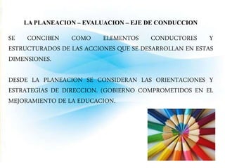 LA PLANEACION – EVALUACION – EJE DE CONDUCCION 
SE CONCIBEN COMO ELEMENTOS CONDUCTORES Y 
ESTRUCTURADOS DE LAS ACCIONES QUE SE DESARROLLAN EN ESTAS 
DIMENSIONES. 
DESDE LA PLANEACION SE CONSIDERAN LAS ORIENTACIONES Y 
ESTRATEGIAS DE DIRECCION. (GOBIERNO COMPROMETIDOS EN EL 
MEJORAMIENTO DE LA EDUCACION. 
 