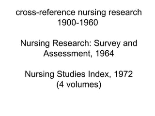 cross-reference nursing research 1900-1960  Nursing Research: Survey and Assessment, 1964 Nursing Studies Index, 1972 (4 volumes) 