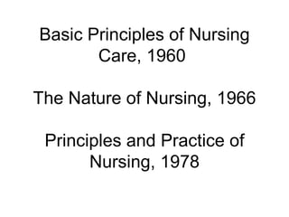 Basic Principles of Nursing Care, 1960  The Nature of Nursing, 1966 Principles and Practice of Nursing, 1978 