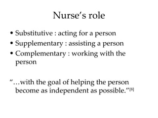 Nurse’s role Substitutive : acting for a person Supplementary : assisting a person Complementary : working with the person “… with the goal of helping the person become as independent as possible.” [8] 
