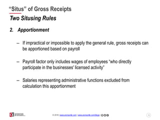18© 2016 | www.aronsonllc.com | www.aronsonllc.com/blogs |
“Situs” of Gross Receipts
Two Situsing Rules
2. Apportionment
–...
