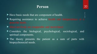 Person
 Have basic needs that are component of health.
 Requiring assistance to achieve health and independence or a
peaceful death.
 Mind and body are inseparable and interrelated.
 Considers the biological, psychological, sociological, and
spiritual components.
 The theory presents the patient as a sum of parts with
biopsychosocial needs.
Apr
9,
2025
20
 