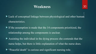 Weakness
 Lack of conceptual linkage between physiological and other human
characteristics.
 If the assumption is made that the 14 components prioritized, the
relationship among the components is unclear.
 Assisting the individual in the dying process she contends that the
nurse helps, but there is little explanation of what the nurse does.
 “Peaceful death” is curious and significant nursing role.
Apr
9,
2025
30
 