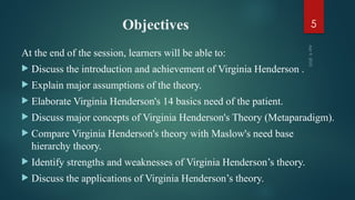 Objectives
At the end of the session, learners will be able to:
 Discuss the introduction and achievement of Virginia Henderson .
 Explain major assumptions of the theory.
 Elaborate Virginia Henderson's 14 basics need of the patient.
 Discuss major concepts of Virginia Henderson's Theory (Metaparadigm).
 Compare Virginia Henderson's theory with Maslow's need base
hierarchy theory.
 Identify strengths and weaknesses of Virginia Henderson’s theory.
 Discuss the applications of Virginia Henderson’s theory.
Apr
9,
2025
5
 