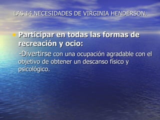 LAS 14 NECESIDADES DE VIRGINIA HENDERSON.


• Participar en todas las formas de
 recreación y ocio:
 -Divertirse con una ocupación agradable con el
 objetivo de obtener un descanso físico y
 psicológico.
 