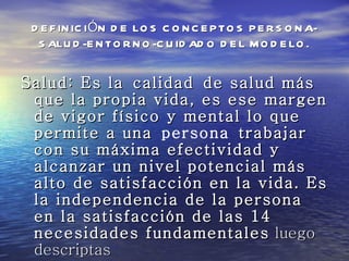 D E F IN IC IÓN D E LO S C O N C E P TO S P E R S O N A-
  S ALU D -E N TO R N O -C U ID AD O D E L M O D E LO .


Salud: Es la calidad de salud más
 que la propia vida, es ese margen
 de vigor físico y mental lo que
 permite a una persona  trabajar
            una 
 con su máxima efectividad y
 alcanzar un nivel potencial más
 alto de satisfacción en la vida. Es
 la independencia de la persona
 en la satisfacción de las 14
 necesidades fundamentales luego
 descriptas
 