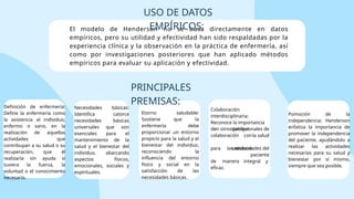 Definición de enfermería:
Define la enfermería como
la asistencia al individuo,
enfermo o sano, en la
realización de aquellas
actividades que
contribuyan a su salud o su
recuperación, que él
realizaría sin ayuda si
tuviera la fuerza, la
voluntad o el conocimiento
necesario.
Necesidades básicas:
Identifica catorce
necesidades básicas
universales que son
esenciales para el
mantenimiento de la
salud y el bienestar del
individuo, abarcando
aspectos físicos,
emocionales, sociales y
espirituales.
Etorno saludable:
Sostiene que la
enfermería debe
proporcionar un entorno
propicio para la salud y el
bienestar del individuo,
reconociendo la
influencia del entorno
físico y social en la
satisfacción de las
necesidades básicas.
Colaboración
interdisciplinaria:
Reconoce la importancia
de
colaboración
trabajar
en otros profesionales de
la salud
con
para satisfacer
las necesidades del
paciente
de manera integral y
eficaz.
Pomoción de la
independencia: Henderson
enfatiza la importancia de
promover la independencia
del paciente, ayudándolo a
realizar las actividades
necesarias para su salud y
bienestar por sí mismo,
siempre que sea posible.
El modelo de Henderson no se basa directamente en datos
empíricos, pero su utilidad y efectividad han sido respaldadas por la
experiencia clínica y la observación en la práctica de enfermería, así
como por investigaciones posteriores que han aplicado métodos
empíricos para evaluar su aplicación y efectividad.
PRINCIPALES
PREMISAS:
USO DE DATOS
EMPÍRICOS:
 