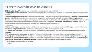 1.Respirar normalmente: Mantener una respiración adecuada para la oxigenación del
cuerpo.
2.Comer y beber adecuadamente: Consumir alimentos y líquidos suficientes para satisfacer las necesidades nutricionales y mantener
la salud
.
3.Eliminar los desechos corporales: Excretar de manera regular y adecuada los desechos del metabolismo. 4.Moverse y mantener una
postura deseable: Ser capaz de moverse y mantener una posición que favorezca la salud y la comodidad. 5.Dormir y descansar:
Descansar lo suficiente para recuperar la energía y mantener un estado de alerta adecuado. 6.Vestirse y desvestirse: Ser capaz de vestirse
y desvestirse de manera independiente para mantener la privacidad y la dignidad. 7.Mantener la temperatura corporal: Regular la
temperatura del cuerpo dentro de rangos normales para evitar el riesgo de hipotermia o
hipertermi
a.
8.Mantener la higiene corporal: Realizar actividades de limpieza personal para mantener la integridad de la piel y prevenir infecciones.
9.Evitar los peligros ambientales: Mantener un entorno seguro y libre de riesgos para la salud.
10.Comunicarse con otros: Expresar necesidades, sentimientos y pensamientos, así como recibir y comprender información de
manera
efectiva.
11.Practicar creencias religiosas y recreativas: Participar en actividades que promuevan el bienestar espiritual y emocional.
12.Trabajar para sentirse realizado: Participar en actividades productivas que proporcionen un sentido de logro y satisfacción. 13.Jugar o
participar en actividades recreativas: Disfrutar de actividades que promuevan el bienestar físico, mental y emocional. 14.Aprender, para
satisfacer las necesidades de desarrollo personal: Participar en oportunidades de aprendizaje y crecimiento
personal para mejorar la salud y el bienestar
integral.
14 NECESIDADES BÁSICAS DE VIRGINIA
HENDERSON:
 
