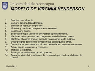 25-11-2022 8
MODELO DE VIRGINIA HENDERSON
1. Respirar normalmente.
2. Comer y beber adecuadamente.
3. Eliminar los residuos corporales.
4. Moverse y mantener una postura conveniente.
5. Descansar y dormir.
6. Seleccionar ropa, vestirse y desvestirse apropiadamente.
7. Mantener la temperatura del cuerpo dentro de límites normales.
8. Mantener el cuerpo limpio y cuidado y proteger el tejido cutáneo.
9. Evitar peligros del entorno e impedir que perjudiquen a otros.
10. Comunicarse y expresar emociones, necesidades, temores u opiniones.
11. Actuar según los valores y creencias.
12. Trabajar y realizarse.
13. Participar en actividades de ocio y recreo.
14. Aprender, descubrir o satisfacer la curiosidad que conduce al desarrollo
normal.
 