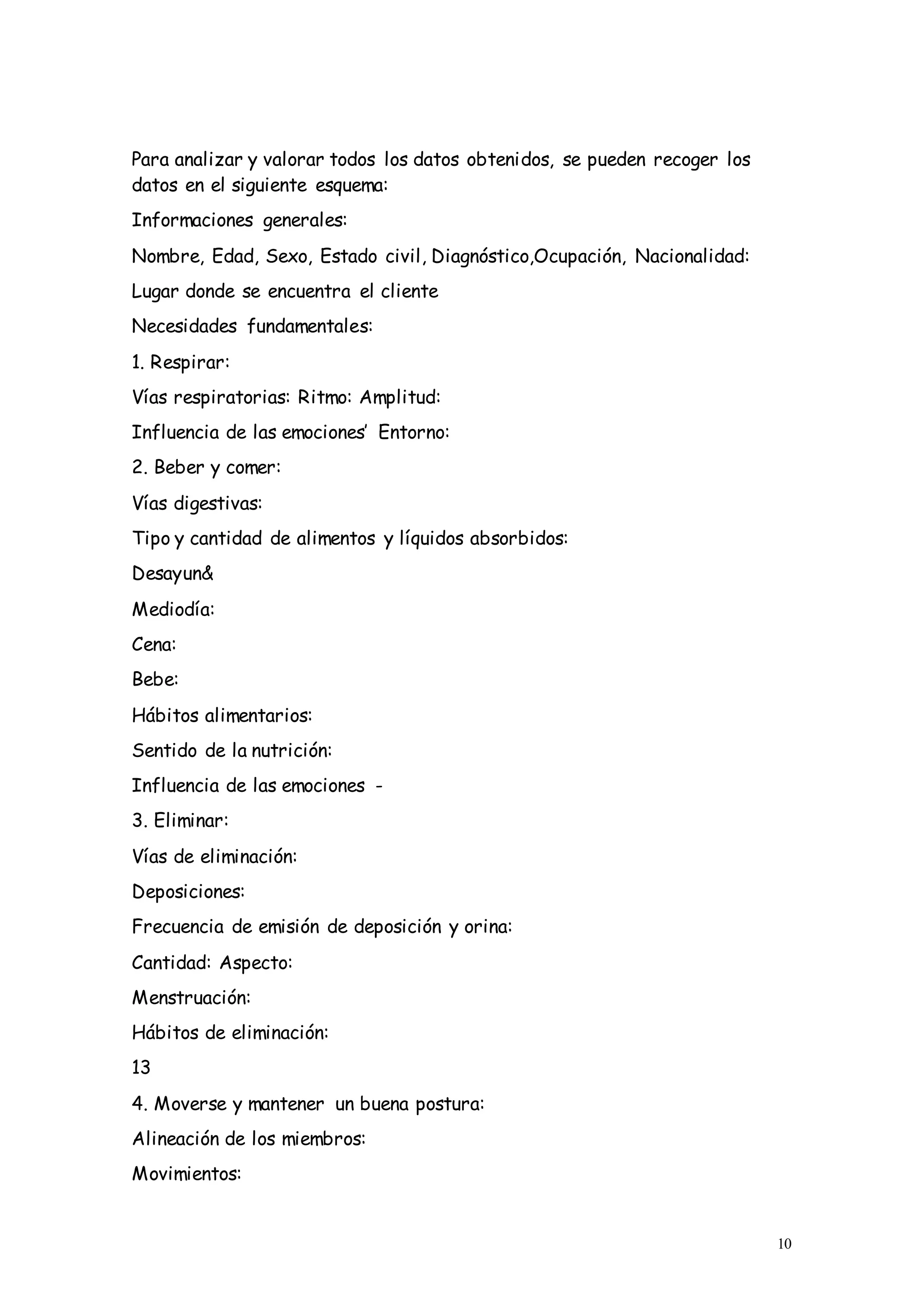 10
Para analizar y valorar todos los datos obtenidos, se pueden recoger los
datos en el siguiente esquema:
Informaciones generales:
Nombre, Edad, Sexo, Estado civil, Diagnóstico,Ocupación, Nacionalidad:
Lugar donde se encuentra el cliente
Necesidades fundamentales:
1. Respirar:
Vías respiratorias: Ritmo: Amplitud:
Influencia de las emociones’ Entorno:
2. Beber y comer:
Vías digestivas:
Tipo y cantidad de alimentos y líquidos absorbidos:
Desayun&
Mediodía:
Cena:
Bebe:
Hábitos alimentarios:
Sentido de la nutrición:
Influencia de las emociones -
3. Eliminar:
Vías de eliminación:
Deposiciones:
Frecuencia de emisión de deposición y orina:
Cantidad: Aspecto:
Menstruación:
Hábitos de eliminación:
13
4. Moverse y mantener un buena postura:
Alineación de los miembros:
Movimientos:
 