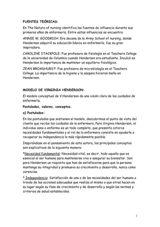 2
FUENTES TEÓRICAS:
En The Nature of nursing identifica las fuentes de influencia durante sus
primeros años de enfermería. Entre estas influencias se encuentra:
ANNIE W. GOODRICH: Era decana de la Army School of nursing, donde
Henderson adquirió su educación básica en enfermería, fue su gran
inspiradora.
CAROLINE STACKPOLE: Fue profesora de fisiología en el Teachers College
de la universidad de Columbia cuando Henderson era estudiante. Inculcó en
Henderson la importancia de mantener un equilibrio fisiológico.
JEAN BROADHURST: Fue profesora de microbiología en el Teachers
College. La importancia de la higiene y la asepsia hicieron mella en
Henderson.
MODELO DE VIRGINIA HENDERSON:
El modelo conceptual de V.Henderson da una visión clara de los cuidados de
enfermería.
Postulados, valores, conceptos.
a) Postulados:
En los postulados que sostienen el modelo, descubrimos el punto de vista del
cliente que recibe los cuidados de la enfermera. Para Virginia Henderson, el
individuo sano o enfermo es un todo completo, que presenta catorce
necesidades fundamentales y el rol de la enfermera consiste en ayudarle a
recuperar su independencia lo más rápidamente posible.
Inspirándose en el pensamiento de esta autora, los principales conceptos
son explicativos de la siguiente manera:
*Necesidad fundamental: Necesidad vital, es decir, todo aquello que es
esencial al ser humano para mantenerse vivo o asegurar su bienestar. Son
para Henderson un requisito que han de satisfacerse para que la persona
mantenga su integridad y promueva su crecimiento y desarrollo, nunca como
carencias.
* Independencia: Satisfacción de una o de las necesidades del ser humano a
través de las acciones adecuadas que realiza el mismo o que otros hacen en
su lugar según su fase de crecimiento y de desarrollo y según las normas y
criterios de salud establecidos.
 