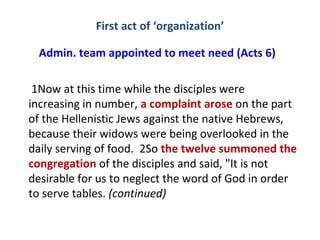First act of ‘organization’
Admin. team appointed to meet need (Acts 6)
1Now at this time while the disciples were
increas...