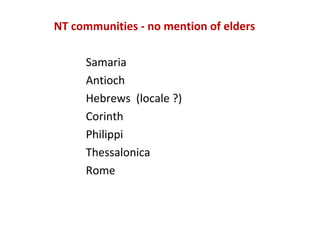 NT communities - no mention of elders
Samaria
Antioch
Hebrews (locale ?)
Corinth
Philippi
Thessalonica
Rome
 