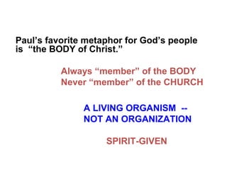  
Paul’s favorite metaphor for God’s people
is “the BODY of Christ.”
   
Always “member” of the BODY
Never “member” of the CHURCH 
A LIVING ORGANISM --
NOT AN ORGANIZATION
SPIRIT-GIVEN
 