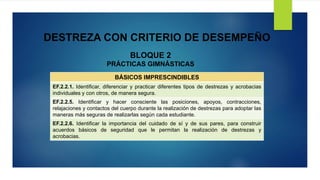 DESTREZA CON CRITERIO DE DESEMPEÑO
BLOQUE 2
PRÁCTICAS GIMNÁSTICAS
BÁSICOS IMPRESCINDIBLES
EF.2.2.1. Identificar, diferenciar y practicar diferentes tipos de destrezas y acrobacias
individuales y con otros, de manera segura.
EF.2.2.5. Identificar y hacer consciente las posiciones, apoyos, contracciones,
relajaciones y contactos del cuerpo durante la realización de destrezas para adoptar las
maneras más seguras de realizarlas según cada estudiante.
EF.2.2.6. Identificar la importancia del cuidado de sí y de sus pares, para construir
acuerdos básicos de seguridad que le permitan la realización de destrezas y
acrobacias.
 