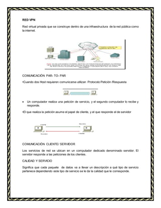 RED VPN
Red virtual privada que se construye dentro de una infraestructura de la red pública como
la internet.
COMUNICACIÓN PAR- TO- PAR
•Cuando dos Host requieren comunicarse utilizan Protocolo Petición /Respuesta
 Un computador realiza una petición de servicio, y el segundo computador lo recibe y
responde.
•El que realiza la petición asume el papel de cliente, y el que responde el de servidor
COMUNICACIÓN CLIENTE/ SERVIDOR
Los servicios de red se ubican en un computador dedicado denominado servidor. El
servidor responde a las peticiones de los clientes.
CALIDAD Y SERVICIO
Significa que cada paquete de datos va a llevar un descripción a qué tipo de servicio
pertenece dependiendo este tipo de servicio se le da la calidad que le corresponde.
 