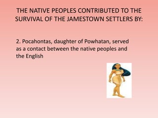 THE NATIVE PEOPLES CONTRIBUTED TO THE 
SURVIVAL OF THE JAMESTOWN SETTLERS BY: 
2. Pocahontas, daughter of Powhatan, served 
as a contact between the native peoples and 
the English 
 