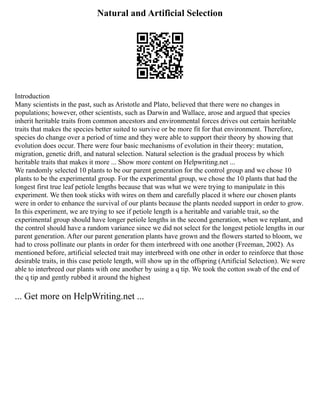 Natural and Artificial Selection
Introduction
Many scientists in the past, such as Aristotle and Plato, believed that there were no changes in
populations; however, other scientists, such as Darwin and Wallace, arose and argued that species
inherit heritable traits from common ancestors and environmental forces drives out certain heritable
traits that makes the species better suited to survive or be more fit for that environment. Therefore,
species do change over a period of time and they were able to support their theory by showing that
evolution does occur. There were four basic mechanisms of evolution in their theory: mutation,
migration, genetic drift, and natural selection. Natural selection is the gradual process by which
heritable traits that makes it more ... Show more content on Helpwriting.net ...
We randomly selected 10 plants to be our parent generation for the control group and we chose 10
plants to be the experimental group. For the experimental group, we chose the 10 plants that had the
longest first true leaf petiole lengths because that was what we were trying to manipulate in this
experiment. We then took sticks with wires on them and carefully placed it where our chosen plants
were in order to enhance the survival of our plants because the plants needed support in order to grow.
In this experiment, we are trying to see if petiole length is a heritable and variable trait, so the
experimental group should have longer petiole lengths in the second generation, when we replant, and
the control should have a random variance since we did not select for the longest petiole lengths in our
parent generation. After our parent generation plants have grown and the flowers started to bloom, we
had to cross pollinate our plants in order for them interbreed with one another (Freeman, 2002). As
mentioned before, artificial selected trait may interbreed with one other in order to reinforce that those
desirable traits, in this case petiole length, will show up in the offspring (Artificial Selection). We were
able to interbreed our plants with one another by using a q tip. We took the cotton swab of the end of
the q tip and gently rubbed it around the highest
... Get more on HelpWriting.net ...
 