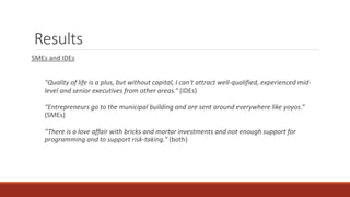 Results
SMEs and IDEs
"Quality of life is a plus, but without capital, I can't attract well-qualified, experienced mid-
level and senior executives from other areas.“ (IDEs)
“Entrepreneurs go to the municipal building and are sent around everywhere like yoyos.”
(SMEs)
“There is a love affair with bricks and mortar investments and not enough support for
programming and to support risk-taking.” (both)
 