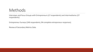 Methods
Interviews and Focus Groups with Entrepreneurs (17 respondents) and Intermediaries (27
respondents)
Entrepreneur Surveys (146 respondents; 84 complete entrepreneur responses)
Review of Secondary Metrics Data
 