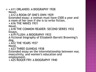  • A11 ORLANDO: A BIOGRAPHY 1928
Novel.
• A12 A ROOM OF ONE'S OWN 1929
Extended essay: a woman must have £500 a year and
a room of her own if she is to write fiction.
• A16 THE WAVES 1931
Novel.
• A18 THE COMMON READER: SECOND SERIES 1932
Essays.
• A19 FLUSH: A BIOGRAPHY 1933
A fictional biography of Elizabeth Barrett Browning’s
dog.
• A22 THE YEARS 1937
Novel.
• A23 THREE GUINEAS 1938
Extended essay on the interrelationship between war,
masculinity, and women’s education and
employment.
• A25 ROGER FRY: A BIOGRAPHY 1940
 