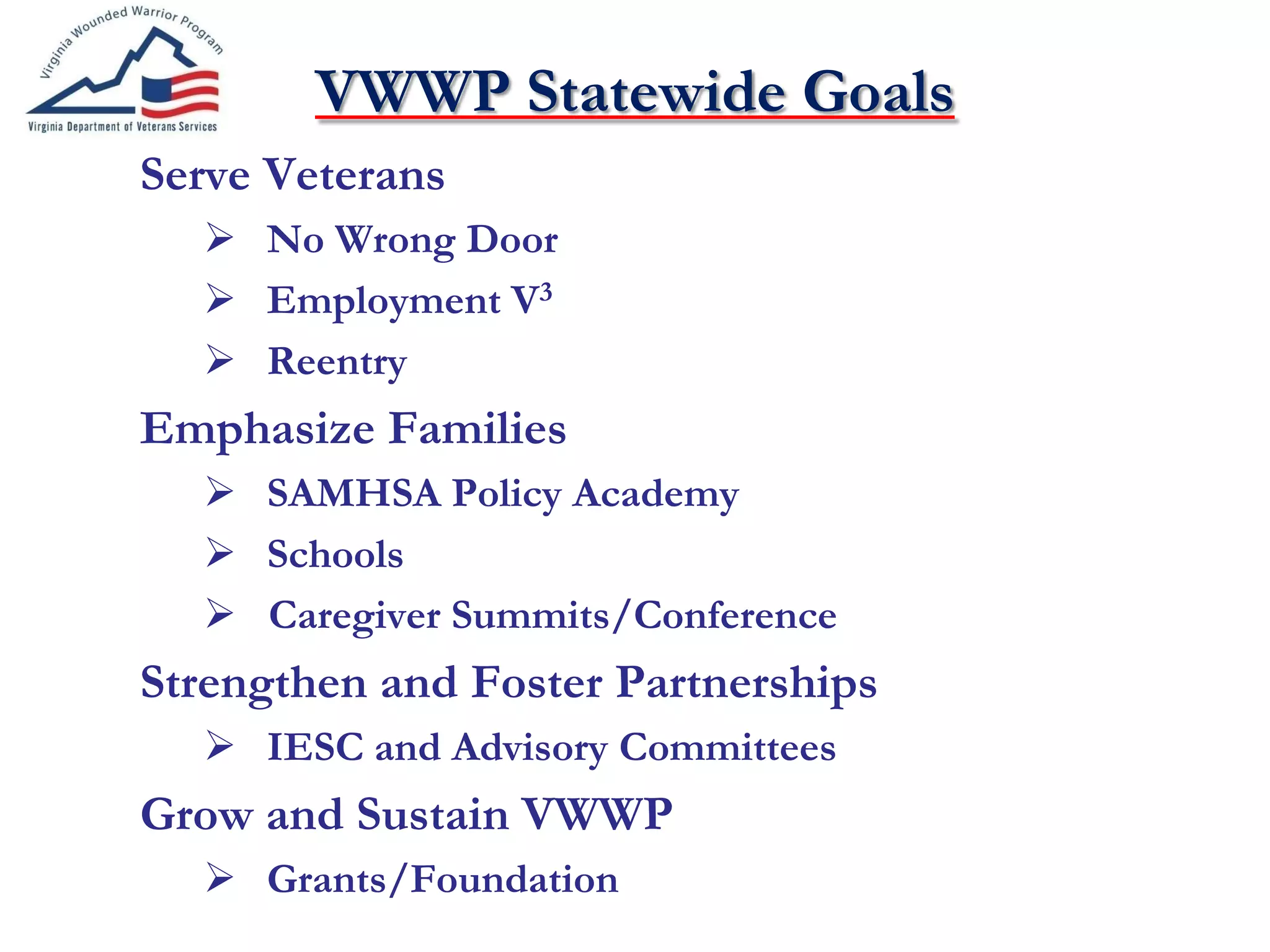 VWWP Statewide Goals
Serve Veterans
 No Wrong Door
 Employment V3
 Reentry
Emphasize Families
 SAMHSA Policy Academy
 Schools
 Caregiver Summits/Conference
Strengthen and Foster Partnerships
 IESC and Advisory Committees
Grow and Sustain VWWP
 Grants/Foundation
 