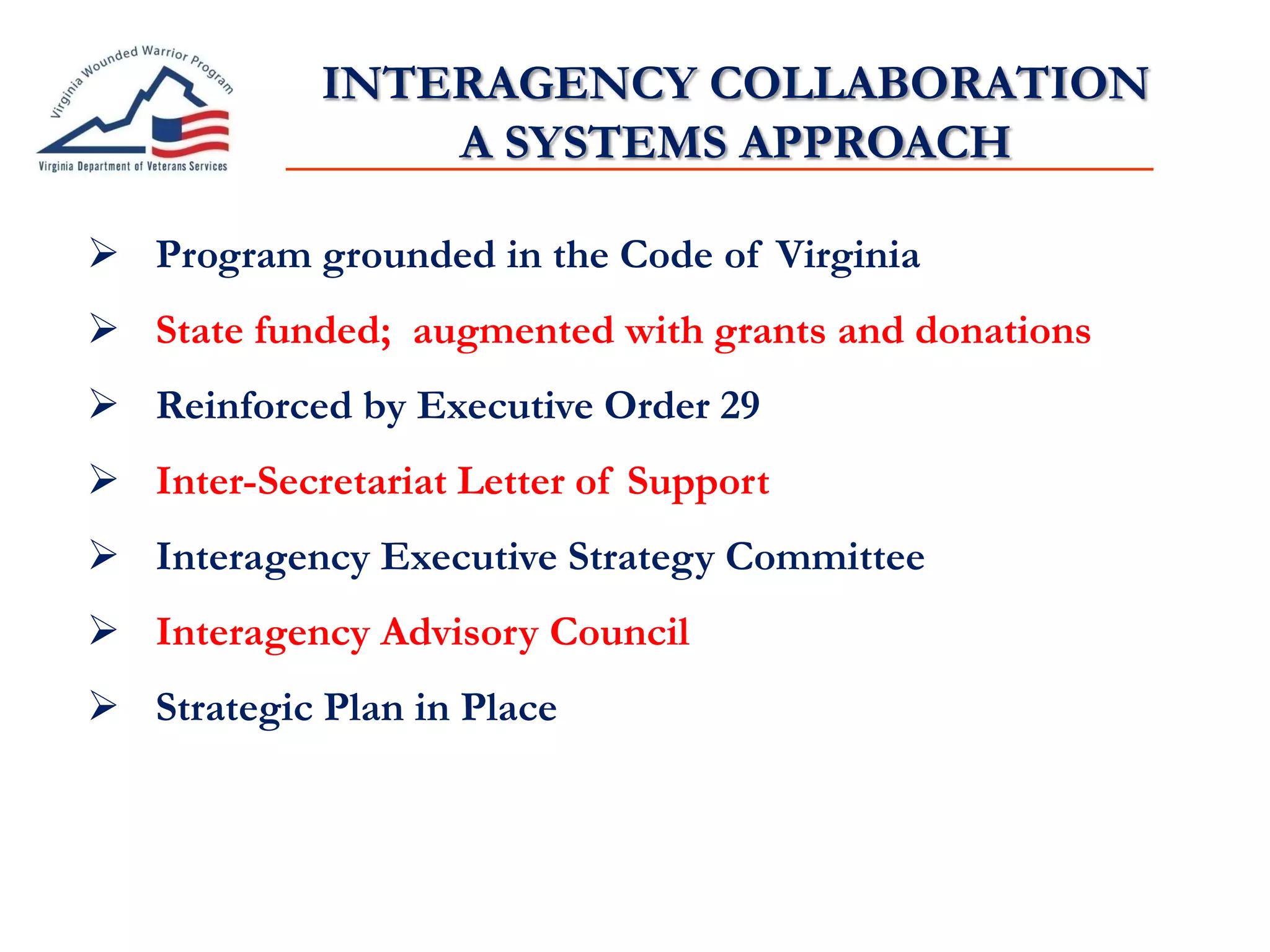 INTERAGENCY COLLABORATION
A SYSTEMS APPROACH
Veteran/Family
QOL
 Program grounded in the Code of Virginia
 State funded; augmented with grants and donations
 Reinforced by Executive Order 29
 Inter-Secretariat Letter of Support
 Interagency Executive Strategy Committee
 Interagency Advisory Council
 Strategic Plan in Place
 
