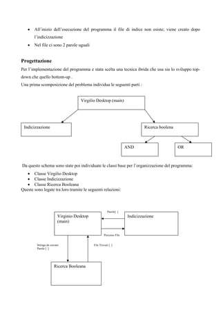 •   All’inizio dell’esecuzione del programma il file di indice non esiste; viene creato dopo
       l’indicizzazione
   •   Nel file ci sono 2 parole uguali


Progettazione
Per l’implementazione del programma e stata scelta una tecnica ibrida che usa sia lo sviluppo top-
down che quello bottom-up .
Una prima scomposizione del problema individua le seguenti parti :


                                     Virgilio Desktop (main)




 Indicizzazione                                                              Ricerca boolena



                                                                    AND                        OR



Da questo schema sono state poi individuate le classi base per l’organizzazione del programma:
   • Classe Virgilio Desktop
   • Classe Indicizzazione
   • Classe Ricerca Booleana
Queste sono legate tra loro tramite le seguenti relazioni:



                                                       Parole[ ]
                         Virginio Desktop                           Indicizzazione
                         (main)


                                                    Percorso File


         Stringa da cercare                 File Trovati [ ]
         Parole [ ]




                       Ricerca Booleana
 