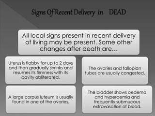 Signs Of Recent Delivery in DEAD
All local signs present in recent delivery
of living may be present. Some other
changes after death are…
Uterus is flabby for up to 2 days
and then gradually shrinks and
resumes its firmness with its
cavity obliterated.
A large corpus luteum is usually
found in one of the ovaries.
The ovaries and fallopian
tubes are usually congested.
The bladder shows oedema
and hyperaemia and
frequently submucous
extravasation of blood.
 