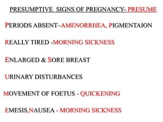 PRESUMPTIVE SIGNS OF PREGNANCY- PRESUME
PERIODS ABSENT–AMENORRHEA, PIGMENTAION
REALLY TIRED -MORNING SICKNESS
ENLARGED & SORE BREAST
URINARY DISTURBANCES
MOVEMENT OF FOETUS - QUICKENING
EMESIS,NAUSEA - MORNING SICKNESS
 