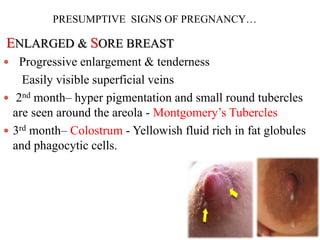 PRESUMPTIVE SIGNS OF PREGNANCY…
ENLARGED & SORE BREAST
 Progressive enlargement & tenderness
Easily visible superficial veins
 2nd month– hyper pigmentation and small round tubercles
are seen around the areola - Montgomery’s Tubercles
 3rd month– Colostrum - Yellowish fluid rich in fat globules
and phagocytic cells.
 
