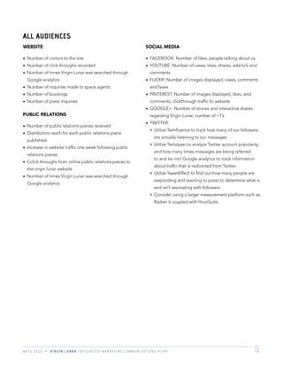 M K T G 3 3 2 2 V I R G I N L U N A R I N T E G R A T E D M A R K E T I N G C O M M U N I C A T I O N S P L A N 15
WEBSITE
Number of visitors to the site
Number of click throughs recorded
Number of times Virgin Lunar was searched through
Google analytics
Number of inquiries made to space agents
Number of bookings
Number of press inquiries
PUBLIC RELATIONS
Number of public relations pieces received
Distributors reach for each public relations piece
published
Increase in website trafﬁc one week following public
relations pieces
Cclick throughs from online public relations pieces to
the virgin lunar website
Number of times Virgin Lunar was searched through
Google analytics
SOCIAL MEDIA
FACEBOOK: Number of likes, people talking about us
YOUTUBE: Number of views, likes, shares, add to’s and
comments
FLICKR: Number of images displayed, views, comments
and faves
PINTEREST: Number of images displayed, likes, and
comments; clickthrough trafﬁc to website
GOOGLE+: Number of stories and interactive shares
regarding Virgin Lunar, number of +1’s
TWITTER:
» Utilize TwInﬂuence to track how many of our followers
are actually listening to our messages
» Utilize Twitalyzer to analyze Twitter account popularity
and how many times messages are being referred
to and tie into Google analytics to track information
about trafﬁc that is redirected from Twitter.
» Utilize TweetEffect to ﬁnd out how many people are
responding and reacting to posts to determine what is
and isn’t resonating with followers
» Consider using a larger measurement platform such as
Radian 6 coupled with HootSuite
ALL AUDIENCES
 