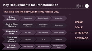 Key Requirements for Transformation
Robust
Automation
Sustainable Device Agnostic Unattended
Central Cloud
Platform
Remote testing -
offshore
Avoid device
mgmt.
Governance
Flexibility to
Scale
Add users Add use cases Update devices
Enterprise-
grade
Standard
Security SLA Reliability
Future
Readiness
Easily integrated Any environment
Any Framework ,
CI etc.
Investing in technology was the only realistic way.
SPEED
SCALE
EFFICIENCY
COVERAGE
8
 