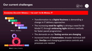 Our current challenges
CHANGING DELIVERY MODELS – THE SHIFT TO BI-MODAL IT
• Transformation to a Digital Business is demanding a
change in IT delivery approaches
• The increasing need for agility is driving a need for Bi-
Modal IT, through embracing Agile delivery methods
for faster paced programmes
• The demands on our Testing service are changing
• Increased levels of Automation, broader technical skill
sets, DevOps and changing governance controls and
processes are needed
MODE 1 – WATERFALL
MODE 2 – AGILE / ITERATIVE
14
 