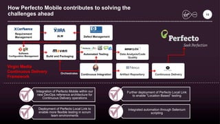 How Perfecto Mobile contributes to solving the
challenges ahead 15
Integration of Perfecto Mobile within our
new DevOps reference architecture for
Continuous Delivery operations
Deployment of Perfecto Local Link to
enable more flexible testing in scrum
team environments
Further deployment of Perfecto Local Link
to enable “Location Based” testing
Integrated automation through Selenium
scripting
Requirement
Management ALM Defect Management
Software
Configuration Management Build and Packaging
Automated Testing Data Analysis/Code
Quality
Continuous Integration Artifact Repository Continuous DeliveryOrchestrates
Virgin Media
Continuous Delivery
Framework
 