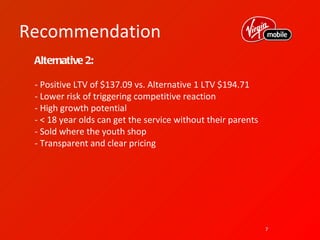 Recommendation
 Alternative 2:

 - Positive LTV of $137.09 vs. Alternative 1 LTV $194.71
 - Lower risk of triggering competitive reaction
 - High growth potential
 - < 18 year olds can get the service without their parents
 - Sold where the youth shop
 - Transparent and clear pricing




                                                              7
 