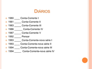DIÁRIOS
   1980 ____ Conta-Corrente I
   1981 _____ Conta-Corrente II
   1983 _____ Conta-Corrente III
   1986 ______ Conta-Corrente IV
   1987 _____ Conta-Corrente V
   1992 _____ Pensar
   1993 _____ Conta-Corrente-nova série I
   1993 ____ Conta-Corrente-nova série II
   1994 ____ Conta-Corrente-nova série III
   1994 _____ Conta-Corrente-nova série IV
 