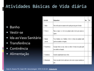 Atividades Básicas de Vida diária



 Banho
 Vestir-se
 Ida ao Vaso Sanitário
 Transferência
 Continência
 Alimentação



Katz S, Downs TD, Cash HR. Gerontologist. 1970;10:20-30 - Adaptação
 
