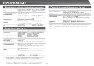 21
Tipo Integrado
Velocidad de impresión continua Idéntica a la velocidad de copiado continuo
Resolución
Procesamiento de datos: 600 × 600 ppp, 1.200 × 1.200 ppp
Impresión: 600 × 600 ppp, equivalente a 9.600 ppp × 600 ppp, 1.200 × 1.200 ppp
Lenguaje de descripción de páginas Estándar: emulación de PCL6, Adobe®
PostScript®
3™, XPS*
Protocolos compatibles TCP/IP (IPv4/IPv6), IPX/SPX, IPP, EtherTalk
Sistemas operativos compatibles
Windows XP, Windows Server 2003, Windows Vista, Windows Server 2008,
Windows 7, Windows 8, Windows Server 2012
Macintosh (Mac OS X 10.4, 10.5, 10.6, 10.7, 10.8)*
Fuentes internas 80 fuentes para PCL, 136 fuentes para Adobe®
PostScript®
3™
Memoria Memoria del sistema y disco duro
Interface 10BASE-T/100BASE-TX/1000BASE-T, USB 2.0 (modo de alta velocidad)
* XPS son las siglas de Especiﬁcación de Papel XML (XML Paper Speciﬁcation). Si está equipado con el Kit de
Expansión XPS (MX-PUX1).
Especificaciones de impresora de red
Especificaciones de fax
Nombre Kit de expansión de facsímil (MX-FX11)
Líneas compatibles Líneas telefónicas genéricas (PSTN), centralitas automáticas privadas (PBX)
Densidad de las líneas (exploración)
Caracteres normales: 8 puntos/mm × 3,85 caracteres/mm
Caracteres pequeños: 8 puntos/mm × 7,7 líneas/mm
Alta calidad: 8 puntos/mm × 15,4 líneas/mm
Alta deﬁnición: 16 puntos/mm × 15,4 líneas/mm
Velocidad de conexión Super G3: 33,6 kbps, G3: 14,4 kbps
Método de codiﬁcación MH, MR, MMR, JBIG
Modo de conexión Super G3 / G3
Tamaños de los originales para la
transmisión
De A3 (11 × 17) a A5 (5-1/2 × 8-1/2) (sólo se puede transmitir papel con una
longitud máxima de 1.000 mm* (únicamente a una cara y en blanco y negro).)
Tamaños de papel registrados De A3 (11 × 17) a A5 (5-1/2 × 8-1/2)
Tiempo de transmisión
Aprox. 2 segundos *1 (A4 (8-1/2 × 11) Papel estándar Sharp, caracteres
normales, Súper G3 (JBIG))
Aprox. 6 segundos (G3 ECM)
Memoria 1 GB
Notas
Memoria del sistema táctil de marcación Máx. de 2.000 entradas (incluyendo la
marcación de grupo para las funciones de
fax, escáner y fax de Internet)
Entradas por grupo Máx. de 500 entradas
Transmisiones masivas Máx. de 500 destinatarios
*1 Compatible con el método de transmisión a 33,6 kbps para los facsímiles Super G3 estandarizados por la Unión
Internacional de Telecomunicaciones (UIT). Esta es la velocidad al enviar una hoja de papel de tamaño
A4 (8-1/2 × 11) con unos 700 caracteres y una calidad de imagen estándar (8 × 3,85 caracteres/mm) en modo de
alta velocidad (33,6 kbps). Esta es la velocidad de transmisión de información en forma de imágenes y no incluye
el tiempo para el control de la transmisión. El tiempo real que tarda en efectuarse una transmisión depende del
contenido del texto, del tipo de máquina de fax del destinatario y de las condiciones de la línea telefónica.
Módulodeperforación(parafinalizadorencuadernador)
ESPECIFICACIONES
Nombre
Módulo de perforación para MX-FN18
MX-PNX6A, MX-PNX6B, MX-PNX6C,
MX-PNX6D
Módulo de perforación para MX-FN10
MX-PNX5A, MX-PNX5B, MX-PNX5C,
MX-PNX5D
Tamaños de papel compatibles con
el módulo de perforación
A3 (11 × 17) a A4 (8-1/2 × 11)
Oriﬁcios
MX-PNX6A 2 oriﬁcios, MX-PNX6B 3 oriﬁcios
MX-PNX6C 4 oriﬁcios, MX-PNX6D 4 oriﬁcios
(anchos)
MX-PNX5A 2 oriﬁcios, MX-PNX5B 3 oriﬁcios
MX-PNX5C 4 oriﬁcios, MX-PNX5D 4 oriﬁcios
(anchos)
Alimentación requerida
Dimensiones
115 mm (Anchura) × 600 mm
(Profundidad) × 995 mm (Altura)
(4-17/32 (Anchura) × 23-5/8 (Profundidad)
× 39-11/64 (Altura))
122 mm (Anchura) × 604 mm
(Profundidad) × 248 mm (Altura)
(4-13/16 (Anchura) × 23-25/32
(Profundidad) × 9-49/64 (Altura))
Peso Aprox. 8 kg (17,6 lbs.) Aprox. 3,5 kg (7,7 lbs. o inferior)
Suministrada desde el ﬁnalizador encuadernador
 