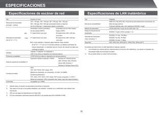 22
ESPECIFICACIONES
Especificaciones de escáner de red
Tipo Escáner en color
Resolución de escaneado
(principal × vertical)
100 × 100 ppp, 150 × 150 ppp, 200 × 200 ppp, 300 × 300 ppp,
400 × 400 ppp, 600 × 600 ppp (escaneado desde la máquina)
De 50 a 9.600 ppp *1 (exploración desde el ordenador)
Velocidad de escaneado
(A4 (8-1/2 × 11))
Alimentador inversor automático Alimentador de Una Sola Pasada
de documentos (RSPF) Dúplex (DSPF)
51 hojas/minuto (una cara) 85 hojas/minuto (200 x 200 dpi)
(una cara)
51 hojas/minuto (una cara) 85 hojas/minuto (200 x 200 dpi)
(una cara)
l En modo estándar y utilizando papel estándar Sharp (tamaño
A4 (8-1/2 × 11) con un 6 % de área cubierta) y el detector automático de
colores desactivado. La velocidad varía en función del volumen de datos que
contenga el original.
Interface
10BASE-T/100BASE-TX/1000BASE-T,
USB 2.0 (si utiliza un dispositivo de memoria externo)
Protocolos compatibles TCP/IP (IPv4) (si utiliza un dispositivo de memoria externo)
Sistemas operativos compatibles *2
Exploración desde el ordenador (TWAIN) Windows XP, Windows Server
2003, Windows Vista, Windows
Server 2008, Windows 7,
Windows 8, Windows Server 2012
Formatos de salida
(B/N)
TIFF, PDF, PDF/A, PDF cifrado, XPS
Método de compresión: sin compresión, G3 (MH), G4 (MMR)
(Escala de grises/color)
TIFF, JPEG, PDF, PDF/A, PDF cifrado, PDF de alta compresión *4, XPS*3
Método de compresión: JPEG (compresión alta, media y baja, letra negra Emphasis)
Controlador Compatible con TWAIN
*1: Deberá reducir el tamaño de escaneado al aumentar la resolución.
*2: Hay casos en los que no es posible establecer una conexión. Contacte con su distribuidor para obtener más
información.
*3: XPS son las siglas de Especiﬁcación de Papel XML.
*4: El kit de compresión optimizado opcional (MX-EB11) se necesita para MX-4140N/MX-5140N.
Especificaciones de LAN inalámbrica
Tipo Integrado
Normas de compatibilidad
ARIB STD-T66 (IEEE 802.11b/g) Norma para sistemas de comunicación de
datos de baja potencia
Protocolo estándar para LAN inalámbrica IEEE802,11n/g/b
Método de transmisión OFDM (IEEE 802.11n/g), DS-SS (IEEE 802.11b)
Rango de frecuencias de
transmisión
IEEE802.11n/g/b:2,4GHz (canales 1-13)
Velocidad de transmisión
(valor normativo) *1
IEEE802.11n máx. 150 Mbps
IEEE802.11g máx. 54 Mbps
IEEE802.11b máx. 11 Mbps
Seguridad WEP, WPA-PSK, WPA-EAP*2, WPA2-PSK, WPA2-EAP*2
Es posible que esta función no esté disponible en algunas regiones.
*1: Los indicados son valores teóricos máximos para la norma de LAN inalámbrica. Los valores no expresan las
velocidades reales de transmisión de datos.
*2: No se puede utilizar en modo Punto de Acceso.
B/N:
Color:
 