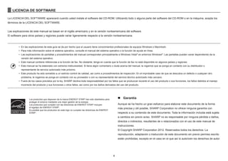 4
LICENCIA DE SOFTWARE
La LICENCIA DEL SOFTWARE aparecerá cuando usted instale el software del CD-ROM. Utilizando todo o alguna parte del software del CD-ROM o en la máquina, acepta los
términos de la LICENCIA DEL SOFTWARE.
Las explicaciones de este manual se basan en el inglés americano y en la versión norteamericana del software.
El software para otros países y regiones puede variar ligeramente respecto a la versión norteamericana.
• En las explicaciones de esta guía se da por hecho que el usuario tiene conocimientos profesionales de equipos Windows o Macintosh.
• Para más información sobre el sistema operativo, consulte el manual del sistema operativo o la función de ayuda en línea.
• Las explicaciones de pantallas y procedimientos del manual corresponden principalmente a Windows Vista®
en entornos Windows®
. Las pantallas pueden variar dependiendo de la
versión del sistema operativo.
• Este manual contiene referencias a la función de fax. No obstante, tenga en cuenta que la función de fax no está disponible en algunos países y regiones.
• Este manual se ha elaborado con extrema meticulosidad. Si tiene algún comentario o duda acerca del manual, le rogamos que se ponga en contacto con su distribuidor o
representante de servicio autorizado más próximo.
• Este producto ha sido sometido a un estricto control de calidad, así como a procedimientos de inspección. En el improbable caso de que se descubra un defecto o cualquier otro
problema, le rogamos se ponga en contacto con su proveedor o con su representante del servicio técnico autorizado más cercano.
• Fuera de los casos previstos por la ley, SHARP declina toda responsabilidad por los fallos que se produzcan durante el uso del producto o sus funciones, los fallos debidos al manejo
incorrecto del producto y sus funciones u otros fallos, así como por los daños derivados del uso del producto.
Los productos que disponen de la marca ENERGY STAR®
han sido diseñados para
proteger el entorno mediante una mejor gestión de la energía.
Los productos que cumplen con las directrices de ENERGY STAR®
incluyen
el logotipo de ENERGY STAR®
.
Es posible que los productos sin este logo no cumplan las directrices de ENERGY
STAR®
.
n Garantía
Aunque se ha hecho un gran esfuerzo para elaborar este documento de la forma
más precisa y útil posible, SHARP Corporation no ofrece ninguna garantía con
respecto a su contenido de este documento. Toda la información incluida está sujeta
a cambios sin previo aviso. SHARP no es responsable por ninguna pérdida o daños,
directos o indirectos, resultantes de o relacionados con el uso de este manual de
instrucciones.
© Copyright SHARP Corporation 2012. Reservados todos los derechos. La
reproducción, adaptación o traducción de este documento sin previo permiso escrito
están prohibidas, excepto en el caso en el que así lo autoricen los derechos de autor.
 