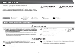 7
Al mover la máquina, apague antes la alimentación eléctrica y extraiga la clavija de alimentación de la
toma de corriente.
El cable podría dañarse, provocando un riesgo de incendio o descarga eléctrica.
PRECAUCIÓN
No tire del cable al desenchufar la clavija de alimentación de la toma de corriente.
Si tira del cable puede dañarlo, bien rajándolo o rompiéndolo, lo que podría provocar un incendio o una
descarga eléctrica.
Si no va a utilizar la máquina durante un largo período de tiempo, compruebe que ha extraído la clavija
de alimentación de la toma de corriente por seguridad.
Notas sobre la alimentación eléctrica
ADVERTENCIA
Compruebe que ha conectado el cable de alimentación a una toma de corriente que tenga el voltaje
especificado y reúna los requisitos necesarios. También tiene que comprobar que la toma de corriente
tiene una toma de tierra. No utilice un cable alargador ni un adaptador para conectar otros dispositivos
a la toma de corriente utilizada por la máquina.
El uso de un sistema de suministro eléctrico inadecuado podría provocar un incendio o una descarga
eléctrica.
* Para obtener información relativa a los requisitos de alimentación, véase la placa de datos de la esquina
inferior izquierda de la parte izquierda de la máquina.
No dañe ni modifique el cable de alimentación.
Si coloca objetos pesados sobre el cable de alimentación, tira de él o los
dobla de manera forzada, lo dañará, lo que podría provocar un incendio o
una descarga eléctrica.
No inserte ni extraiga la clavija de alimentación con las manos húmedas.
Podría provocar una descarga eléctrica.
Signiﬁcado de los símbolos
¡PRECAUCIÓN!
CALIENTE
RIESGO DE
ATRAPAMIENTO
MANTENERSE
ALEJADO
ACCIONES
PROHIBIDAS
NO
DESMONTAR
ACCIONES
OBLIGATORIAS
Símbolos que aparecen en este manual
Para garantizar el uso seguro de la máquina, en este manual se utilizan diversos
símbolos de seguridad. Los símbolos de seguridad se clasifican según se explica a
continuación. Asegúrese de entender el significado de los símbolos al leer el manual.
ADVERTENCIA
Indica riesgo de muerte o lesión grave.
PRECAUCIÓN
Indica riesgo de lesión o daños a la propiedad.
PRECAUCIONES
 