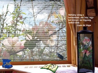 Néhány virág a kertemben, pár kép, egy-két könyv, és irigység nélkül élek .        Lope de Vega 