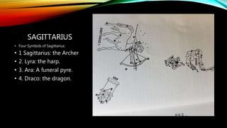 SAGITTARIUS
• Four Symbols of Sagittarius:
• 1 Sagittarius: the Archer
• 2. Lyra: the harp.
• 3. Ara: A funeral pyre.
• 4. Draco: the dragon.
 