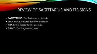 REVIEW OF SAGITTARIUS AND ITS SIGNS
• SAGITTARIUS. The Redeemer’s triumph.
• LYRA. Praise prepared for the Conqueror.
• ARA. Fire prepared for His enemies.
• DRACO. The dragon cast down.
 